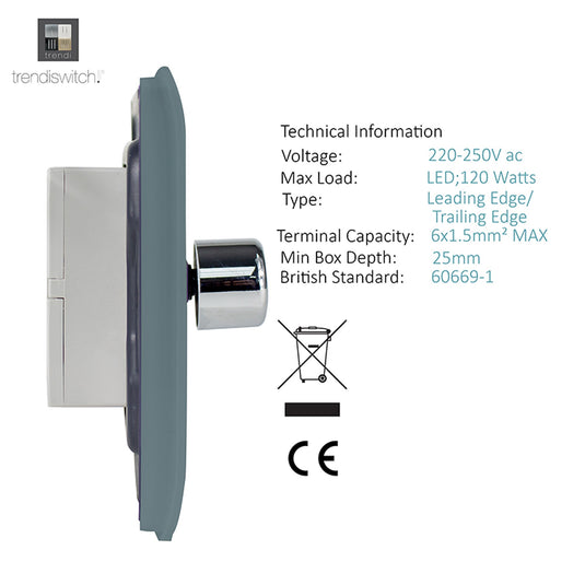 Trendi Switch ART-LDMCG, Artistic Modern 1 Gang 1 Way LED Dimmer Switch 5-150W LED / 120W Tungsten, Cool Grey Finish, (35mm Back Box Required), 5yrs Warranty - 53746