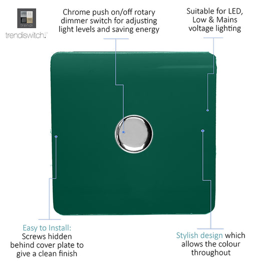 Trendi Switch ART-LDMDG, Artistic Modern 1 Gang 1 Way LED Dimmer Switch 5-150W LED / 120W Tungsten, Dark Green Finish, (35mm Back Box Required), 5yrs Warranty - 53749