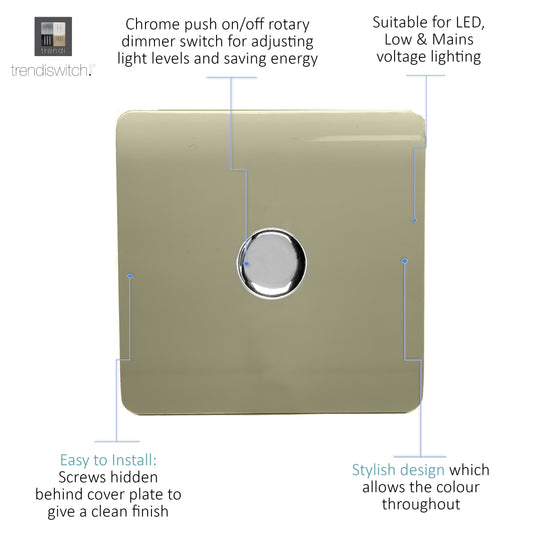 Trendi Switch ART-LDMGO, Artistic Modern 1 Gang 1 Way LED Dimmer Switch 5-150W LED / 120W Tungsten, Gold/Chrome Finish, (35mm Back Box Required), 5yrs Warranty - 38720