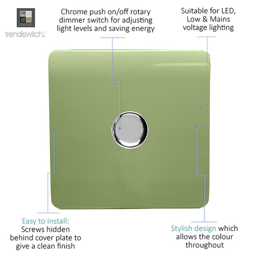 Trendi Switch ART-LDMMG, Artistic Modern 1 Gang 1 Way LED Dimmer Switch 5-150W LED / 120W Tungsten, Moss Green Finish, (35mm Back Box Required), 5yrs Warranty - 53752