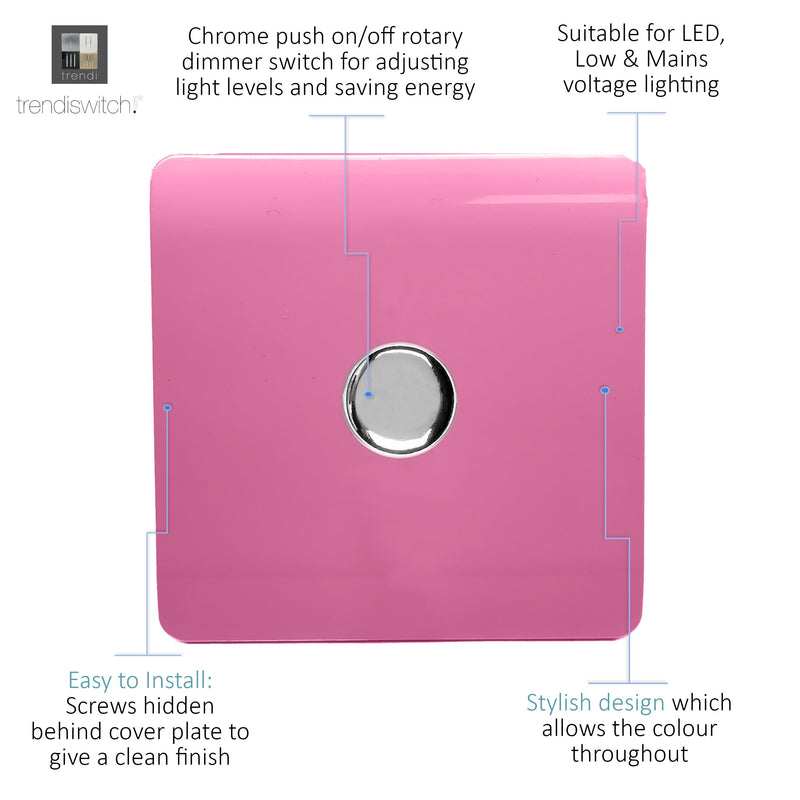 Load image into Gallery viewer, Trendi Switch ART-LDMPK, Artistic Modern 1 Gang 1 Way LED Dimmer Switch 5-150W LED / 120W Tungsten, Pink Finish, (35mm Back Box Required), 5yrs Warranty - 53756
