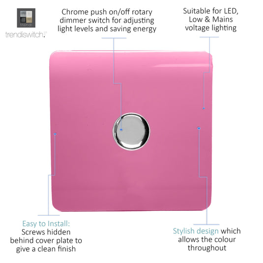 Trendi Switch ART-LDMPK, Artistic Modern 1 Gang 1 Way LED Dimmer Switch 5-150W LED / 120W Tungsten, Pink Finish, (35mm Back Box Required), 5yrs Warranty - 53756