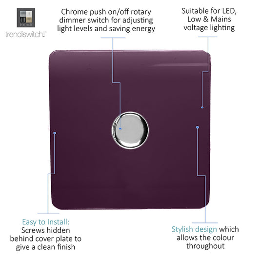 Trendi Switch ART-LDMPL, Artistic Modern 1 Gang 1 Way LED Dimmer Switch 5-150W LED / 120W Tungsten, Plum Finish, (35mm Back Box Required), 5yrs Warranty - 53757