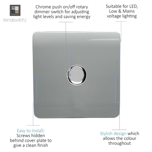 Trendi Switch ART-LDMSI, Artistic Modern 1 Gang 1 Way LED Dimmer Switch 5-150W LED / 120W Tungsten, Silver/Chrome Finish, (35mm Back Box Required), 5yrs Warranty - 38722