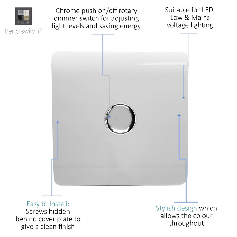 Load image into Gallery viewer, Trendi Switch ART-LDMWH, Artistic Modern 1 Gang 1 Way LED Dimmer Switch 5-150W LED / 120W Tungsten, Gloss White/Chrome Finish, (35mm Back Box Required), 5yrs Warranty - 38718
