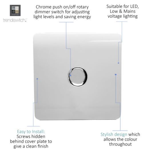 Trendi Switch ART-LDMWH, Artistic Modern 1 Gang 1 Way LED Dimmer Switch 5-150W LED / 120W Tungsten, Gloss White/Chrome Finish, (35mm Back Box Required), 5yrs Warranty - 38718