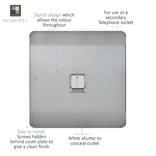 Trendi Switch ART-PCBS, Artistic Modern Single PC Ethernet Cat 5 & 6 Data Outlet Brushed Steel Finish, BRITISH MADE, (35mm Back Box Required), 5yrs Warranty - 53761