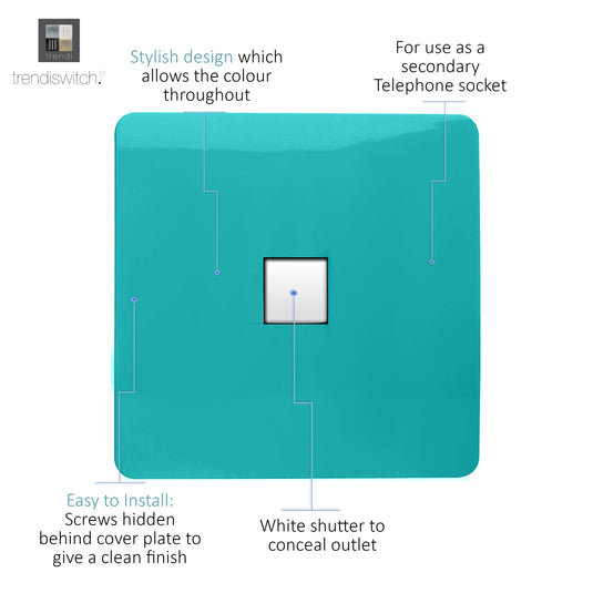 Trendi Switch ART-TLPBT, Artistic Modern 1 Gang RJ11 Telephone Bright Teal Finish, BRITISH MADE, (35mm Back Box Required), 5yrs Warranty - 54251