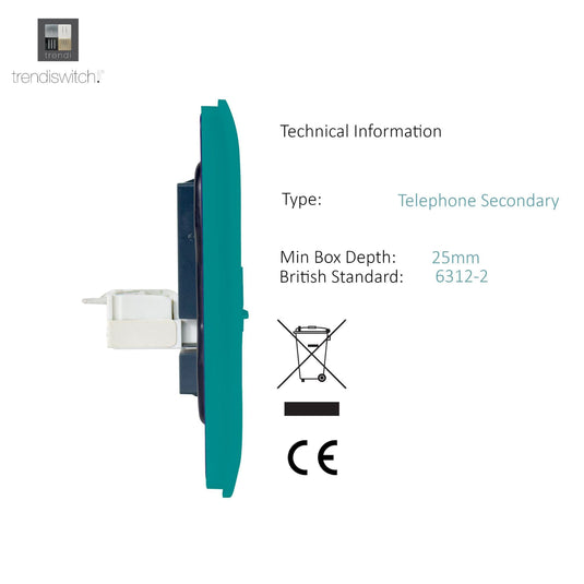 Trendi Switch ART-TLPBT, Artistic Modern 1 Gang RJ11 Telephone Bright Teal Finish, BRITISH MADE, (35mm Back Box Required), 5yrs Warranty - 54251
