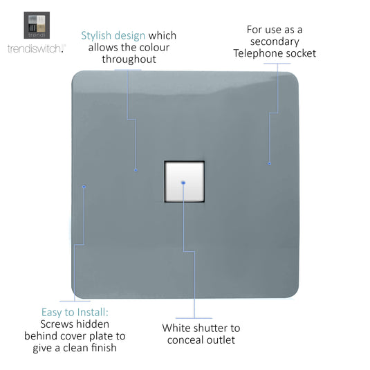 Trendi Switch ART-TLPCG, Artistic Modern 1 Gang RJ11 Telephone Cool Grey Finish, BRITISH MADE, (35mm Back Box Required), 5yrs Warranty - 54252