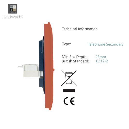 Trendi Switch ART-TLPCPR, Artistic Modern 1 Gang RJ11 Telephone Copper Finish, BRITISH MADE, (35mm Back Box Required), 5yrs Warranty - 54254