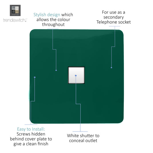 Trendi Switch ART-TLPDG, Artistic Modern 1 Gang RJ11 Telephone Dark Green Finish, BRITISH MADE, (35mm Back Box Required), 5yrs Warranty - 54256