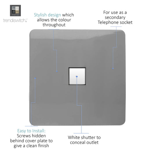 Trendi Switch ART-TLPLG, Artistic Modern 1 Gang RJ11 Telephone Light Grey Finish, BRITISH MADE, (35mm Back Box Required), 5yrs Warranty - 54257