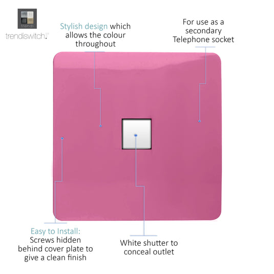 Trendi Switch ART-TLPPK, Artistic Modern 1 Gang RJ11 Telephone Pink Finish, BRITISH MADE, (35mm Back Box Required), 5yrs Warranty - 54263