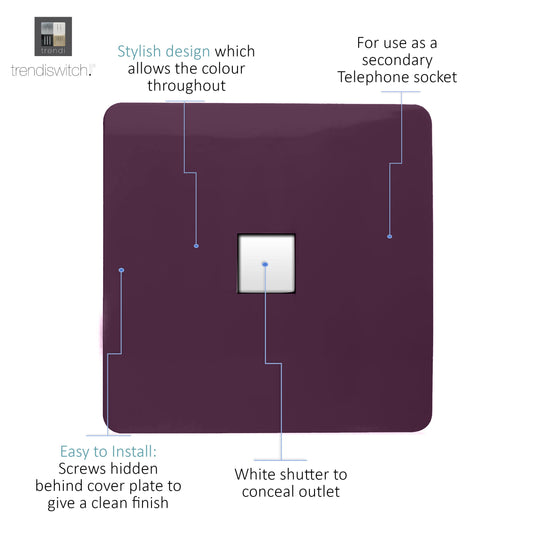 Trendi Switch ART-TLPPL, Artistic Modern 1 Gang RJ11 Telephone Plum Finish, BRITISH MADE, (35mm Back Box Required), 5yrs Warranty - 54264