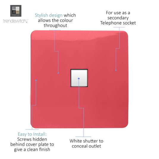Trendi Switch ART-TLPSB, Artistic Modern 1 Gang RJ11 Telephone Strawberry Finish, BRITISH MADE, (35mm Back Box Required), 5yrs Warranty - 54265