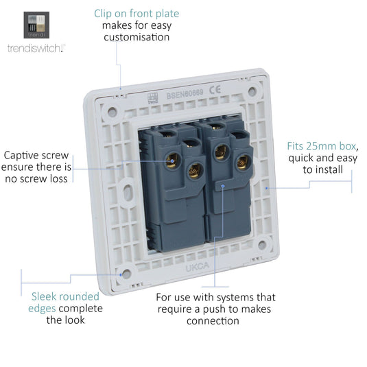Trendi Switch ART-SSR2LG, Artistic Modern 2 Gang Retractive Home Auto.Switch Light Grey Finish, BRITISH MADE, (25mm Back Box Required), 5yrs Warranty - 54203