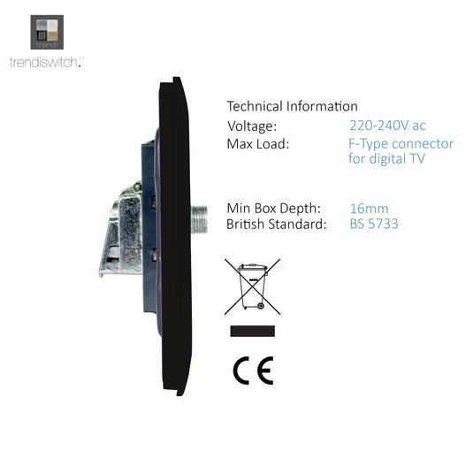 Trendi Switch ART-SATBK, Artistic Modern F-Type Satellite 1 Gang Gloss Black Finish, BRITISH MADE, (25mm Back Box Required), 5yrs Warranty - 43863