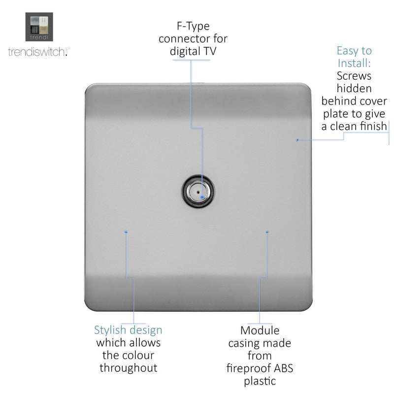 Load image into Gallery viewer, Trendi Switch ART-SATBS, Artistic Modern F-Type Satellite 1 Gang Brushed Steel Finish, BRITISH MADE, (25mm Back Box Required), 5yrs Warranty - 53779
