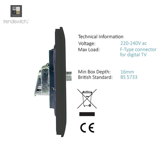 Trendi Switch ART-SATCH, Artistic Modern F-Type Satellite 1 Gang Charcoal Finish, BRITISH MADE, (25mm Back Box Required), 5yrs Warranty - 53782