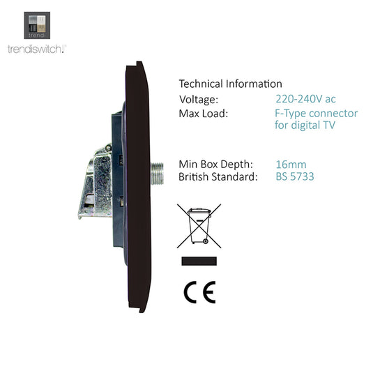 Trendi Switch ART-SATDB, Artistic Modern F-Type Satellite 1 Gang Dark Brown Finish, BRITISH MADE, (25mm Back Box Required), 5yrs Warranty - 53784