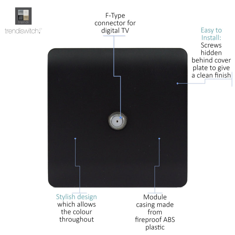 Load image into Gallery viewer, Trendi Switch ART-SATMBK, Artistic Modern F-Type Satellite 1 Gang Matt Black Finish, BRITISH MADE, (25mm Back Box Required), 5yrs Warranty - 43865
