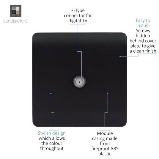 Trendi Switch ART-SATMBK, Artistic Modern F-Type Satellite 1 Gang Matt Black Finish, BRITISH MADE, (25mm Back Box Required), 5yrs Warranty - 43865