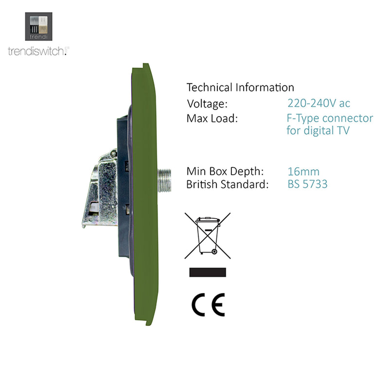 Load image into Gallery viewer, Trendi Switch ART-SATMG, Artistic Modern F-Type Satellite 1 Gang Moss Green Finish, BRITISH MADE, (25mm Back Box Required), 5yrs Warranty - 53788
