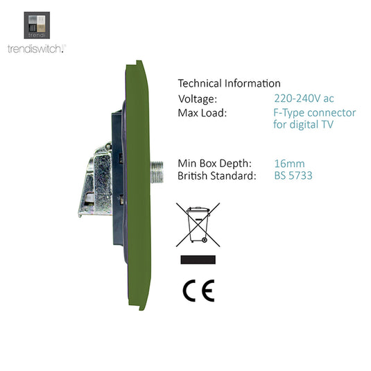 Trendi Switch ART-SATMG, Artistic Modern F-Type Satellite 1 Gang Moss Green Finish, BRITISH MADE, (25mm Back Box Required), 5yrs Warranty - 53788