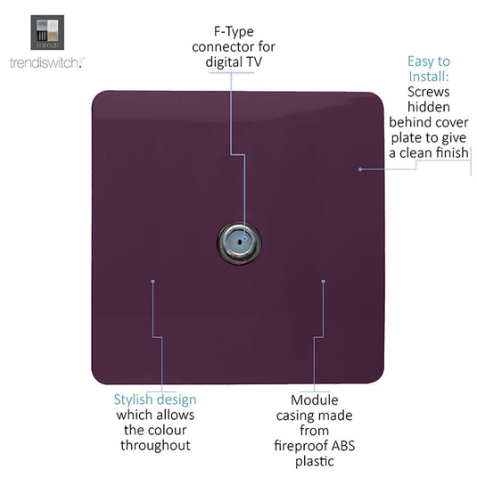 Trendi Switch ART-SATPL, Artistic Modern F-Type Satellite 1 Gang Plum Finish, BRITISH MADE, (25mm Back Box Required), 5yrs Warranty - 53793