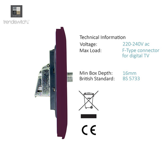 Trendi Switch ART-SATPL, Artistic Modern F-Type Satellite 1 Gang Plum Finish, BRITISH MADE, (25mm Back Box Required), 5yrs Warranty - 53793