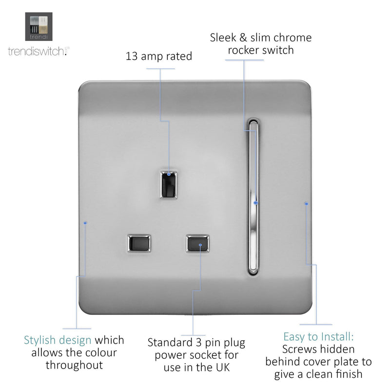 Load image into Gallery viewer, Trendi Switch ART-SKT13BS, Artistic Modern 1 Gang 13Amp Switched Socket Brushed Steel Finish, BRITISH MADE, (25mm Back Box Required), 5yrs Warranty - 53797
