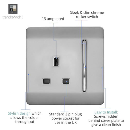 Trendi Switch ART-SKT13BS, Artistic Modern 1 Gang 13Amp Switched Socket Brushed Steel Finish, BRITISH MADE, (25mm Back Box Required), 5yrs Warranty - 53797