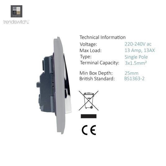 Trendi Switch ART-SKT13BS, Artistic Modern 1 Gang 13Amp Switched Socket Brushed Steel Finish, BRITISH MADE, (25mm Back Box Required), 5yrs Warranty - 53797