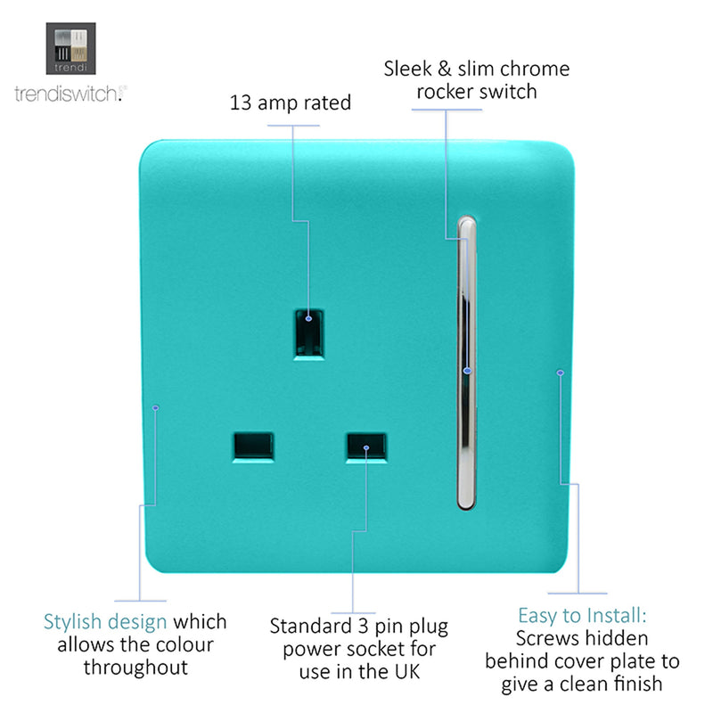 Load image into Gallery viewer, Trendi Switch ART-SKT13BT, Artistic Modern 1 Gang 13Amp Switched Socket Bright Teal Finish, BRITISH MADE, (25mm Back Box Required), 5yrs Warranty - 53798
