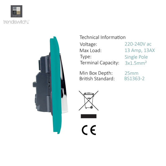 Trendi Switch ART-SKT13BT, Artistic Modern 1 Gang 13Amp Switched Socket Bright Teal Finish, BRITISH MADE, (25mm Back Box Required), 5yrs Warranty - 53798