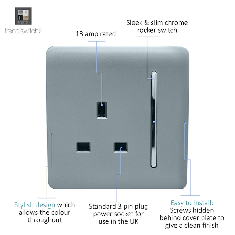 Load image into Gallery viewer, Trendi Switch ART-SKT13CG, Artistic Modern 1 Gang 13Amp Switched Socket Cool Grey Finish, BRITISH MADE, (25mm Back Box Required), 5yrs Warranty - 53799
