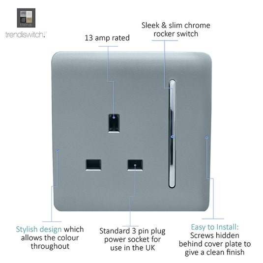 Trendi Switch ART-SKT13CG, Artistic Modern 1 Gang 13Amp Switched Socket Cool Grey Finish, BRITISH MADE, (25mm Back Box Required), 5yrs Warranty - 53799