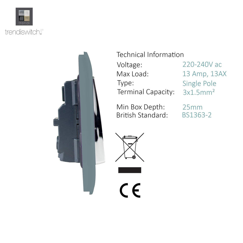 Load image into Gallery viewer, Trendi Switch ART-SKT13CG, Artistic Modern 1 Gang 13Amp Switched Socket Cool Grey Finish, BRITISH MADE, (25mm Back Box Required), 5yrs Warranty - 53799
