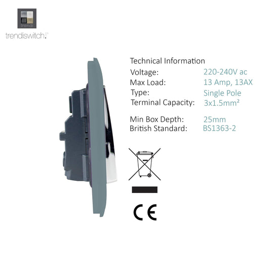 Trendi Switch ART-SKT13CG, Artistic Modern 1 Gang 13Amp Switched Socket Cool Grey Finish, BRITISH MADE, (25mm Back Box Required), 5yrs Warranty - 53799