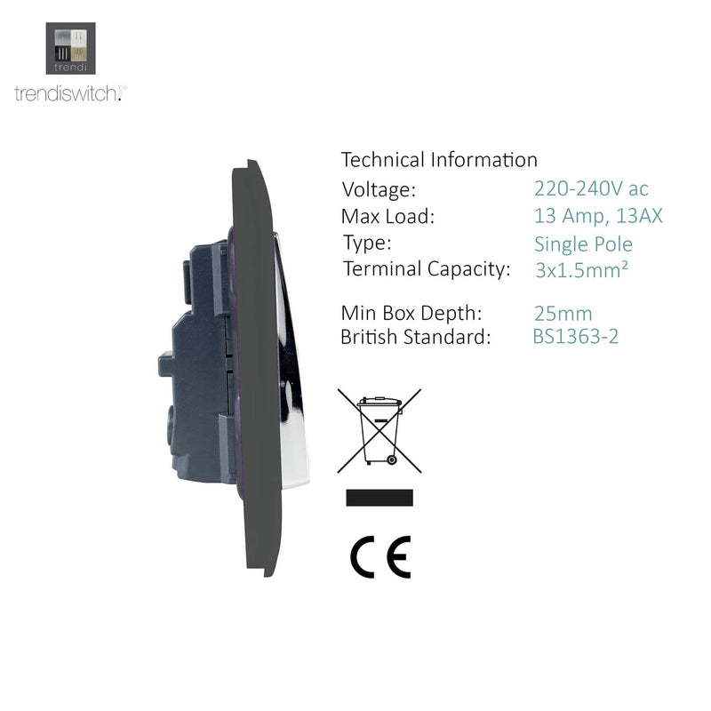 Load image into Gallery viewer, Trendi Switch ART-SKT13CH, Artistic Modern 1 Gang 13Amp Switched Socket Chrome Rocker Charcoal Finish, BRITISH MADE, (25mm Back Box Required), 5yrs Warranty - 53800
