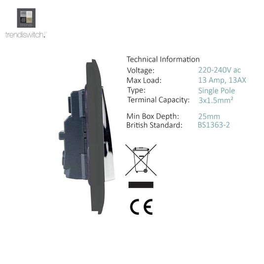 Trendi Switch ART-SKT13CH, Artistic Modern 1 Gang 13Amp Switched Socket Chrome Rocker Charcoal Finish, BRITISH MADE, (25mm Back Box Required), 5yrs Warranty - 53800