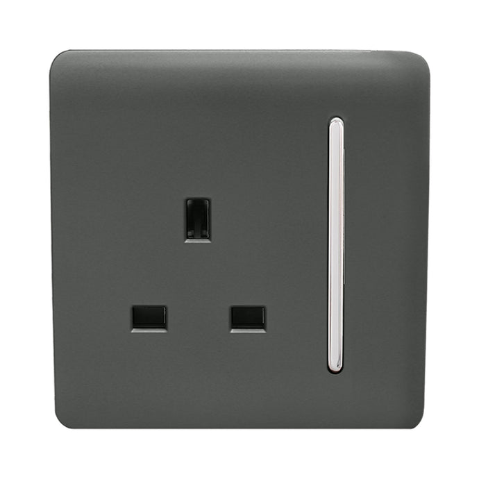 Trendi Switch ART-SKT13CH, Artistic Modern 1 Gang 13Amp Switched Socket Chrome Rocker Charcoal Finish, BRITISH MADE, (25mm Back Box Required), 5yrs Warranty - 53800