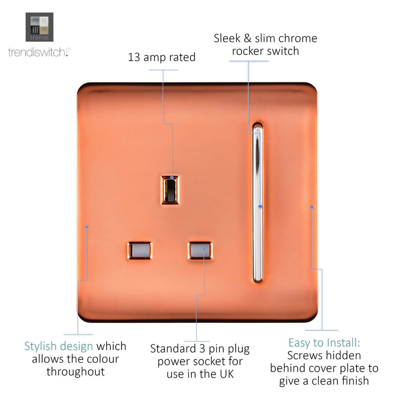 Load image into Gallery viewer, Trendi Switch ART-SKT13CPR, Artistic Modern 1 Gang 13Amp Switched Socket Copper Finish, BRITISH MADE, (25mm Back Box Required), 5yrs Warranty - 53801
