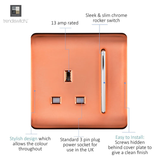 Trendi Switch ART-SKT13CPR, Artistic Modern 1 Gang 13Amp Switched Socket Copper Finish, BRITISH MADE, (25mm Back Box Required), 5yrs Warranty - 53801