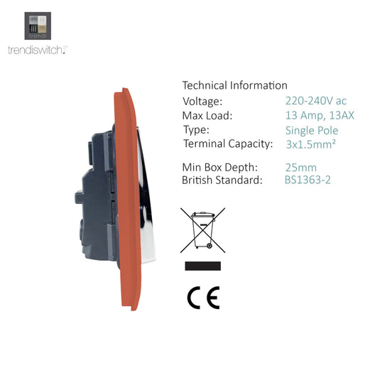 Trendi Switch ART-SKT13CPR, Artistic Modern 1 Gang 13Amp Switched Socket Copper Finish, BRITISH MADE, (25mm Back Box Required), 5yrs Warranty - 53801