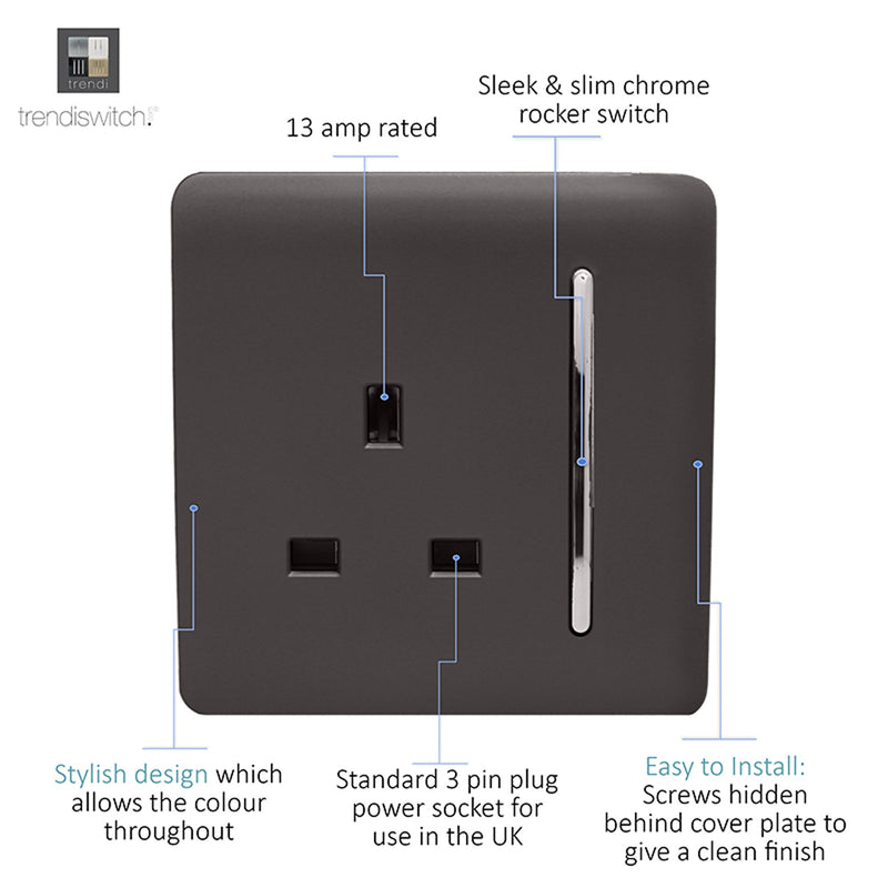 Load image into Gallery viewer, Trendi Switch ART-SKT13DB, Artistic Modern 1 Gang 13Amp Switched Socket Dark Brown Finish, BRITISH MADE, (25mm Back Box Required), 5yrs Warranty - 53802
