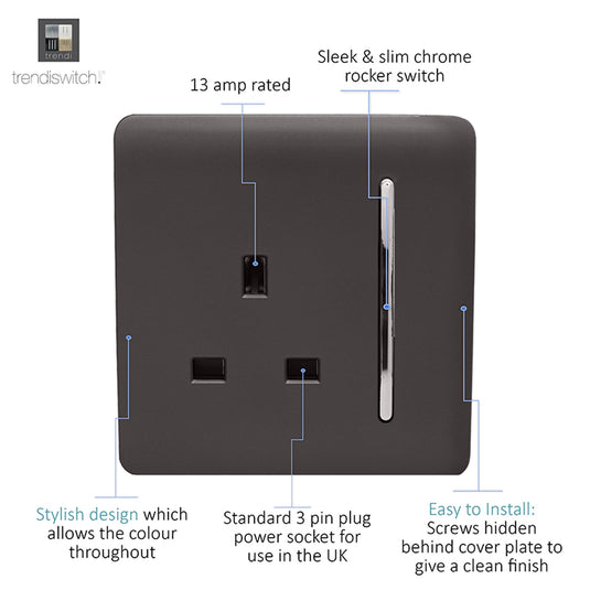 Trendi Switch ART-SKT13DB, Artistic Modern 1 Gang 13Amp Switched Socket Dark Brown Finish, BRITISH MADE, (25mm Back Box Required), 5yrs Warranty - 53802