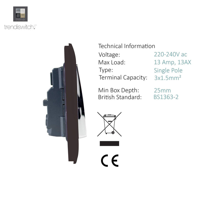 Load image into Gallery viewer, Trendi Switch ART-SKT13DB, Artistic Modern 1 Gang 13Amp Switched Socket Dark Brown Finish, BRITISH MADE, (25mm Back Box Required), 5yrs Warranty - 53802
