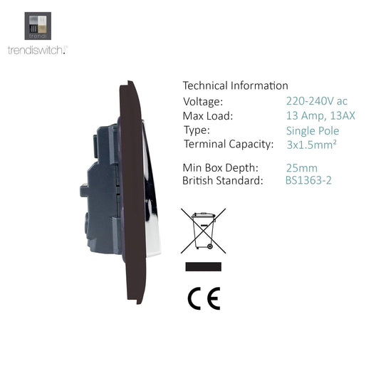 Trendi Switch ART-SKT13DB, Artistic Modern 1 Gang 13Amp Switched Socket Dark Brown Finish, BRITISH MADE, (25mm Back Box Required), 5yrs Warranty - 53802